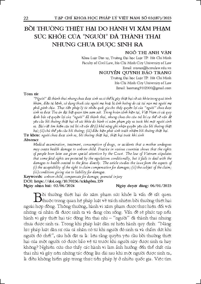 Bồi thường thiệt hại do hành vi xâm phạm sức khoẻ của "người" đã thành thai nhưng chưa được sinh ra
