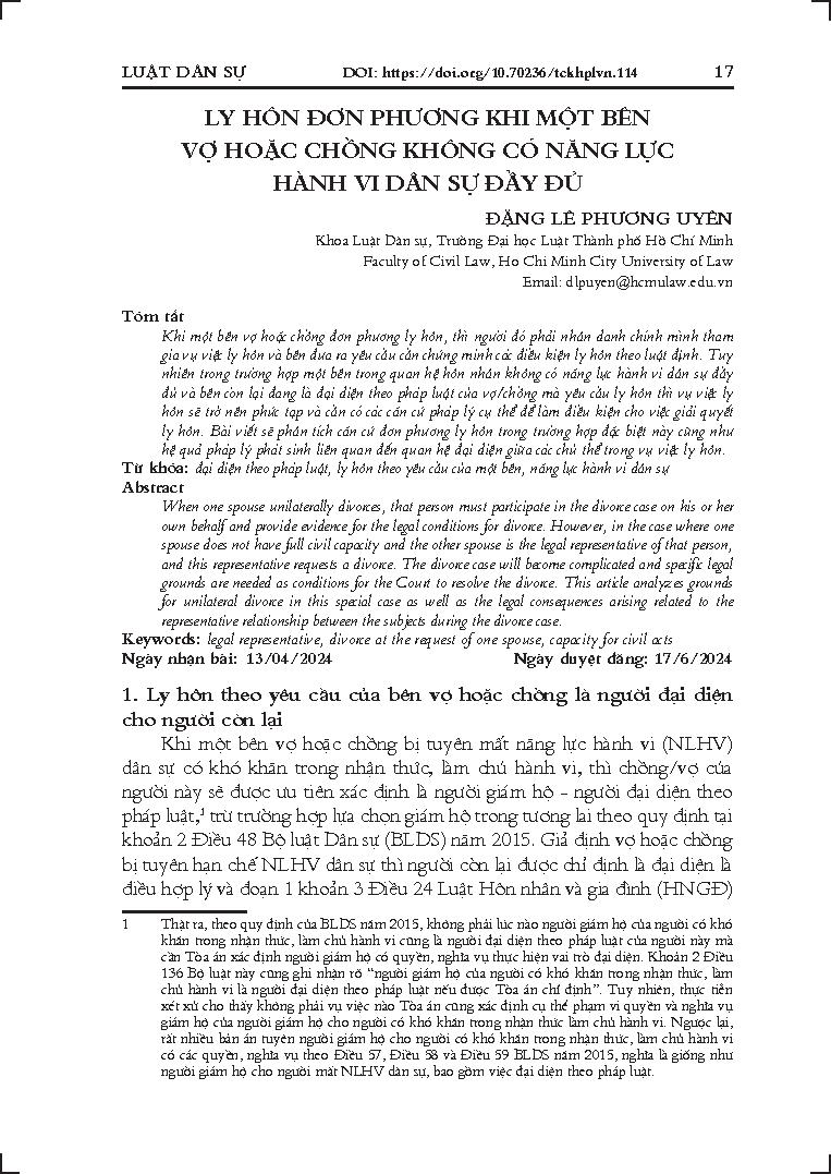 Ly hôn đơn phương khi một bên vợ hoặc chồng không có năng lực hành vi dân sự đầy đủ