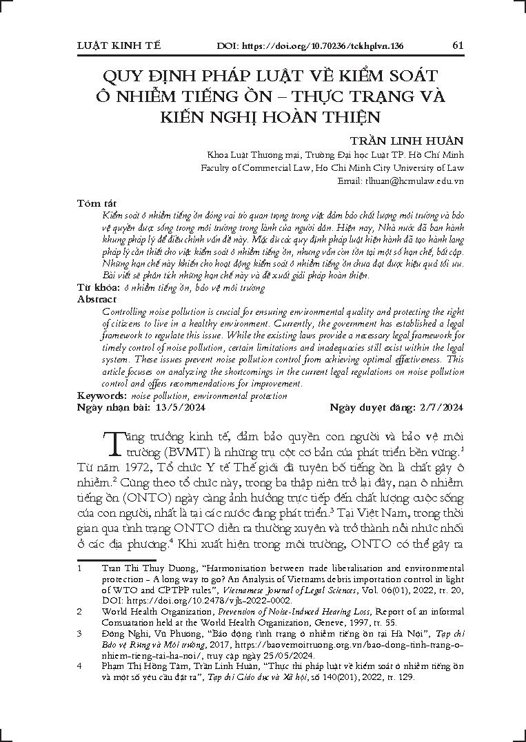 Quy định pháp luật về kiểm soát ô nhiễm tiếng ồn – Thực trạng và kiến nghị hoàn thiện