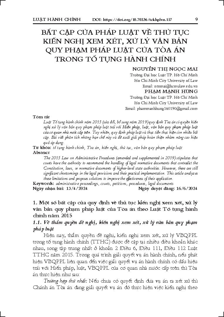 Bất cập của pháp luật về thủ tục kiến nghị xem xét, xử lý văn bản quy phạm pháp luật của tòa án trong tố tụng hành chính