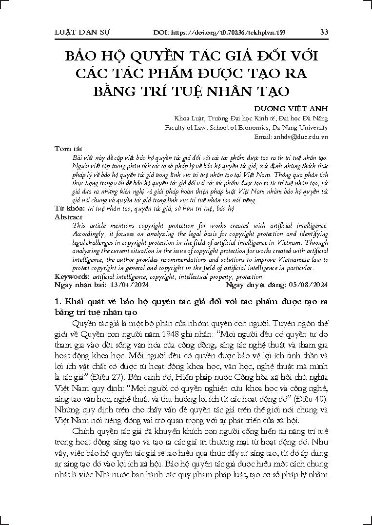 Bảo hộ quyền tác giả đối với các tác phẩm được tạo ra bằng trí tuệ nhân tạo