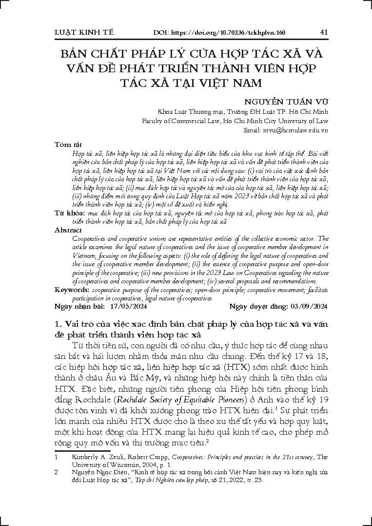 Bản chất pháp lý của hợp tác xã và vấn đề phát triển thành viên hợp tác xã tại Việt Nam