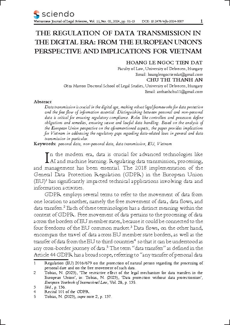 The regulation of data transmission in the digital era: From the European Union's perspective and implications for Vietnam