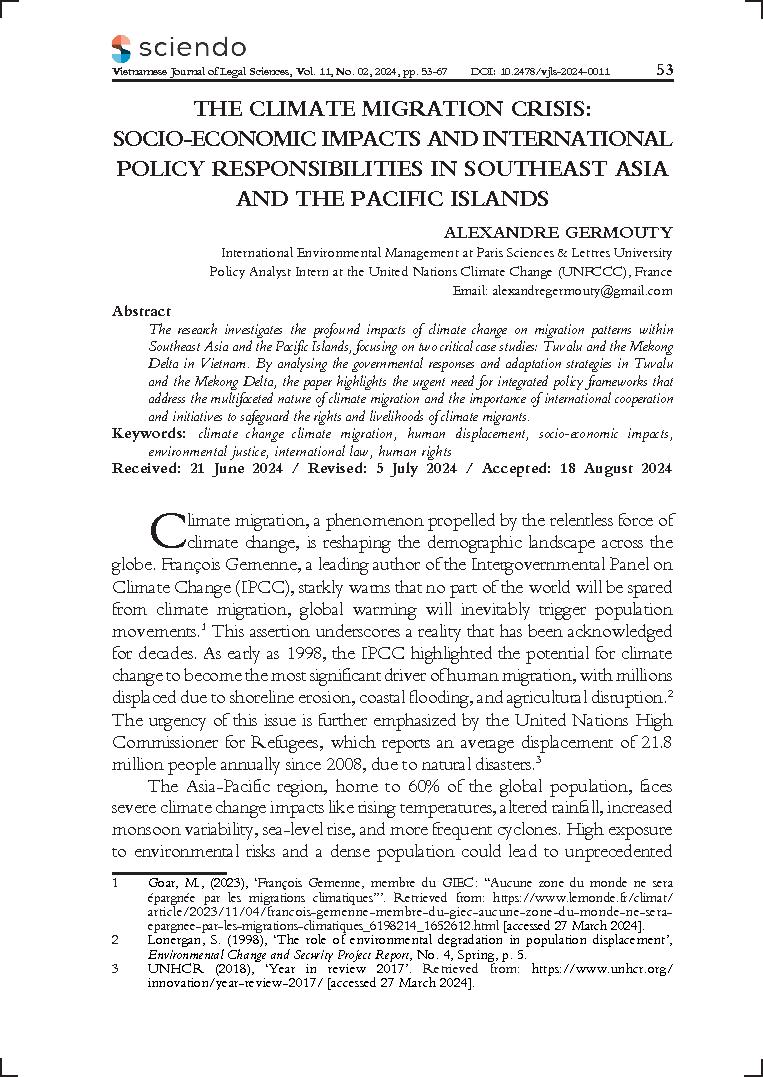 The climate migration crisis: Socio-economic impacts and international policy responsibilities in Southeast Asia and the Pacific Islands