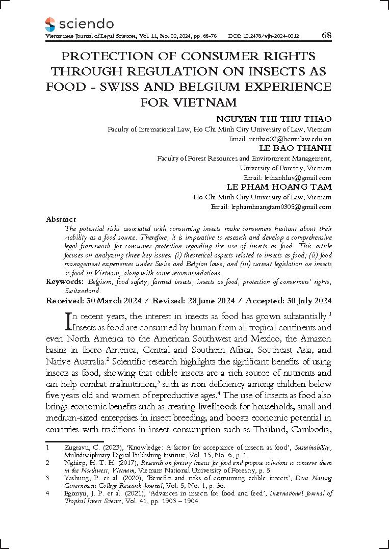 Protection of consumer rights through regulation on insects as food - Swiss and Belgium experience for Vietnam