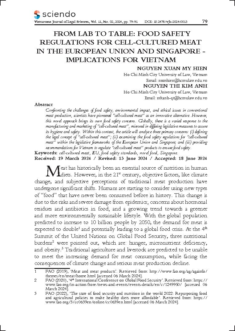 From lab to table: Food safety regulations for cell-cultured meat in the European Union and Singapore - Implications for Vietnam