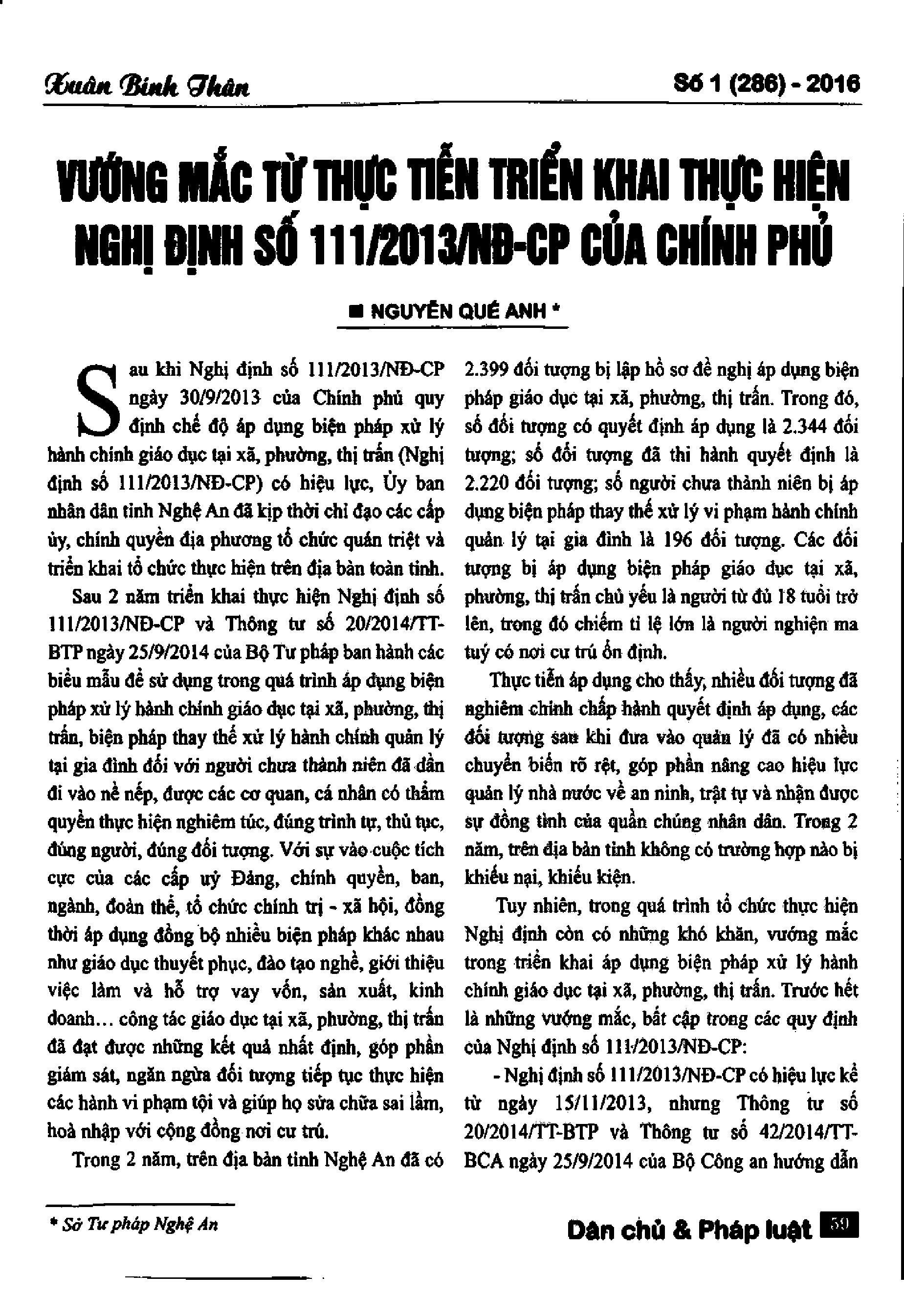 Vướng mắc từ thực tiễn triển khai thực hiện nghị định số 111/2013/NĐ-CP của chính phủ