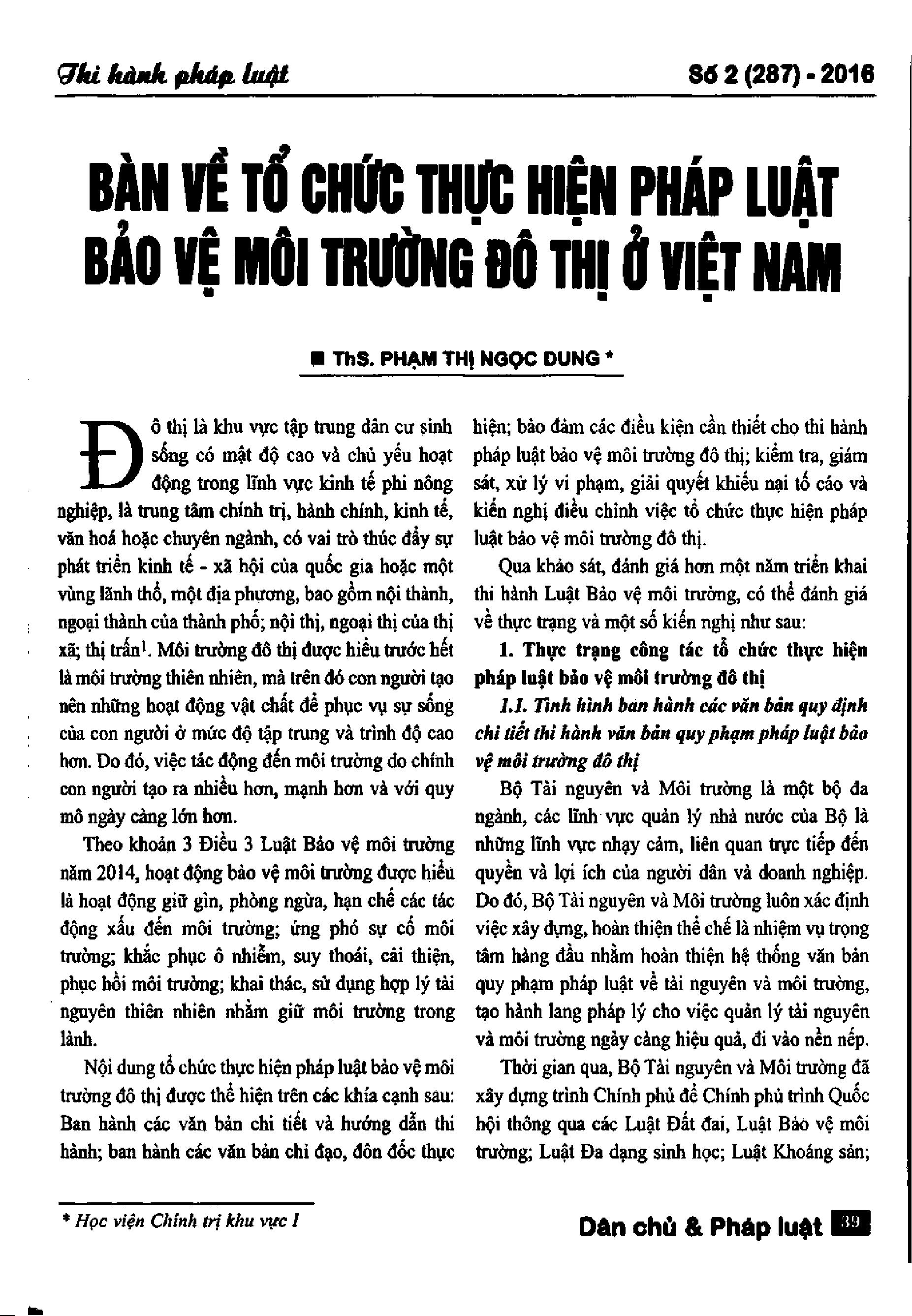 Bàn về tổ chức thực hiện pháp luật bảo vệ môi trường đô thị ở Việt Nam