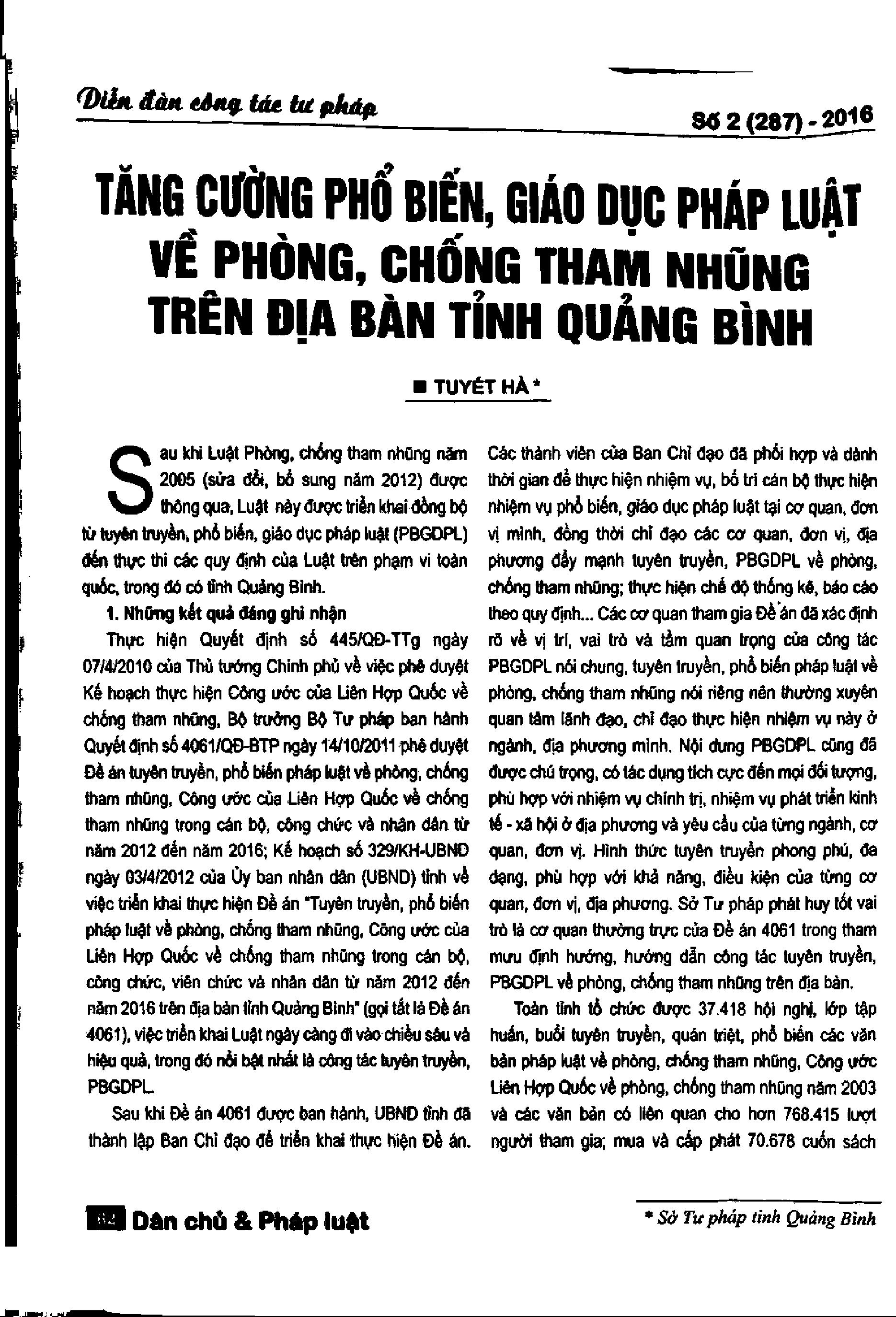 Tăng cường phổ biến, giáo dục pháp luật về phòng, chống tham nhũng trên địa bàn tỉnh Quảng Bình