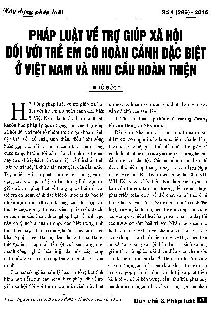 Pháp luật về trợ giúp xã hội đối với trẻ em có hoàn cảnh đặc biệt ở Việt Nam và nhu cầu hoàn thiện