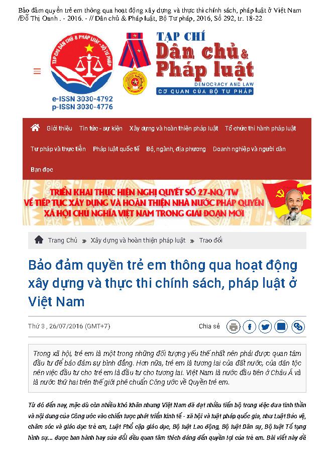 Bảo đảm quyền trẻ em thông qua hoạt động xây dựng và thực thi chính sách, pháp luật ở Việt Nam