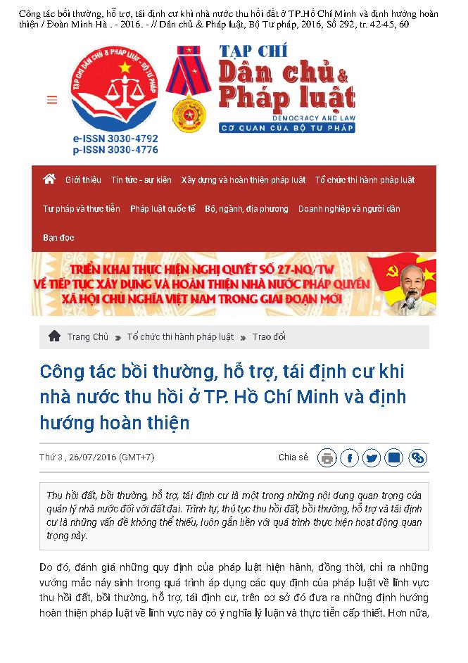 Công tác bồi thường, hỗ trợ, tái định cư khi nhà nước thu hồi đất ở TP.Hồ Chí Minh và định hướng hoàn thiện