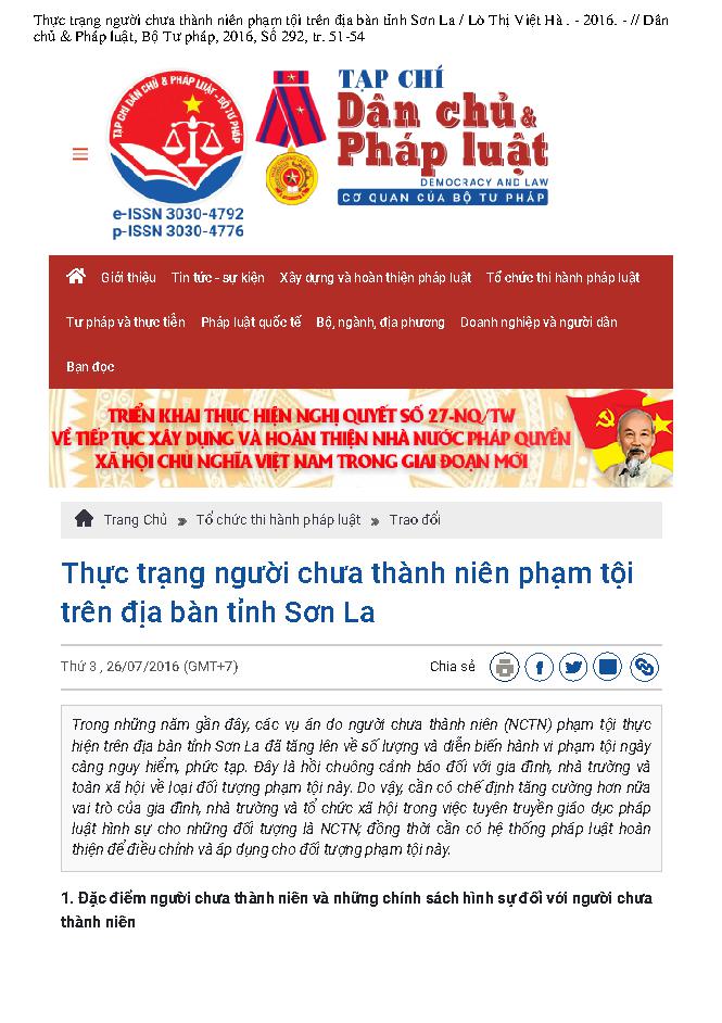 Thực trạng người chưa thành niên phạm tội trên địa bàn tỉnh Sơn La