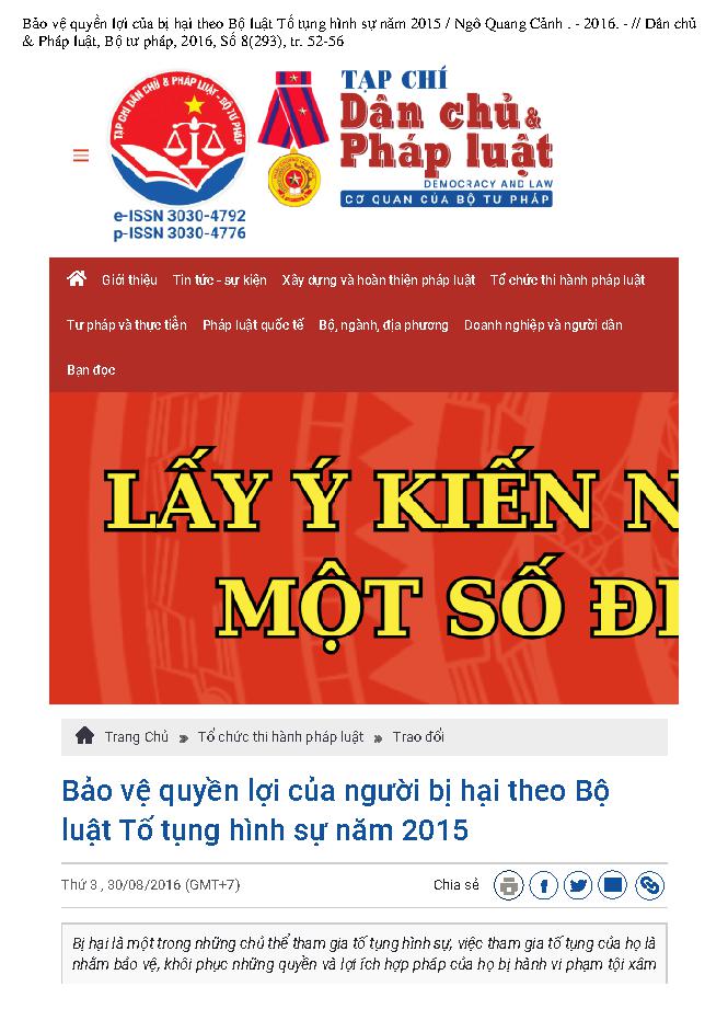 Bảo vệ quyền lợi của người bị hại theo Bộ luật Tố tụng hình sự năm 2015