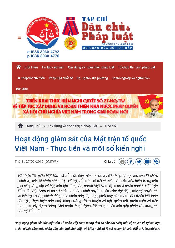 Hoạt động giám sát của mặt trận tổ quốc Việt Nam thực tiễn và một số kiến nghị
