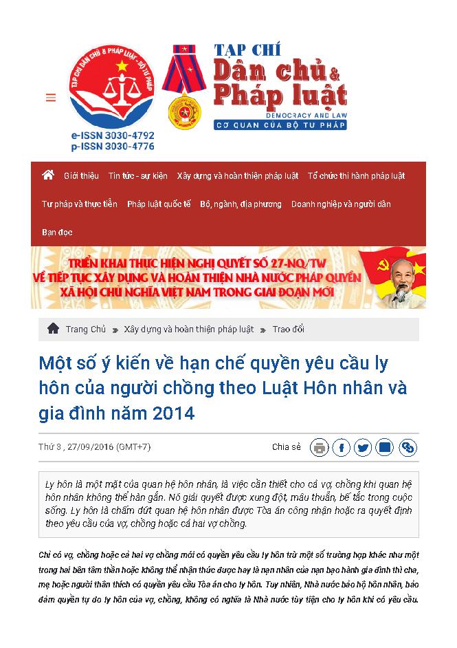 Một số ý kiến về hạn chế quyền yêu cầu ly hôn của người chồng theo luật hôn nhân và gia đình năm 2014