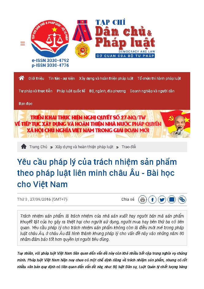 Yêu cầu pháp lý của trách nhiệm sản phẩm theo pháp luật liên minh Châu Âu - bài học cho Việt Nam