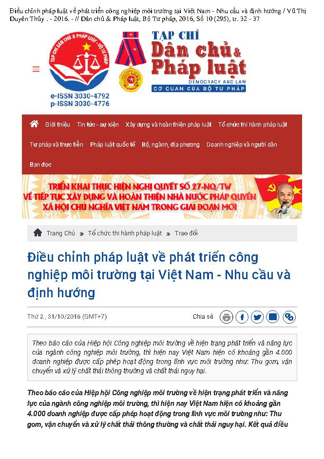 Điều chỉnh pháp luật về phát triển công nghiệp môi trường tại Việt Nam - Nhu cầu và định hướng