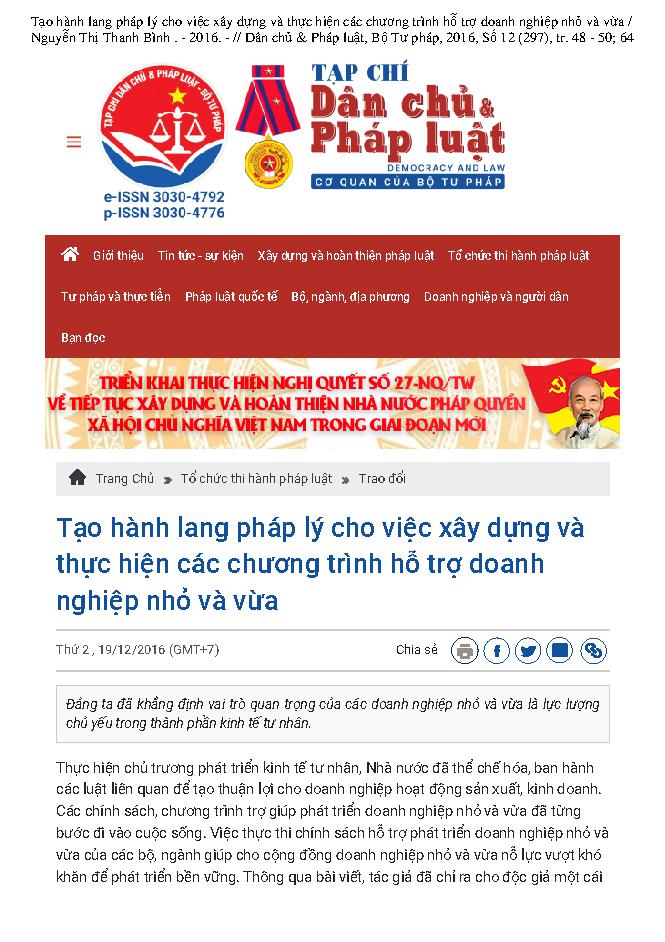 Tạo hành lang pháp lý cho việc xây dựng và thực hiện các chương trình hỗ trợ doanh nghiệp nhỏ và vừa