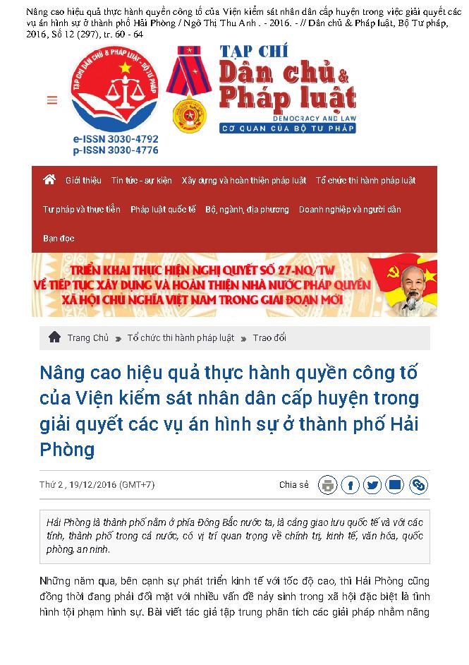 Nâng cao hiệu quả thực hành quyền công tố của Viện kiểm sát nhân dân cấp huyện trong việc giải quyết các vụ án hình sự ở thành phố Hải Phòng