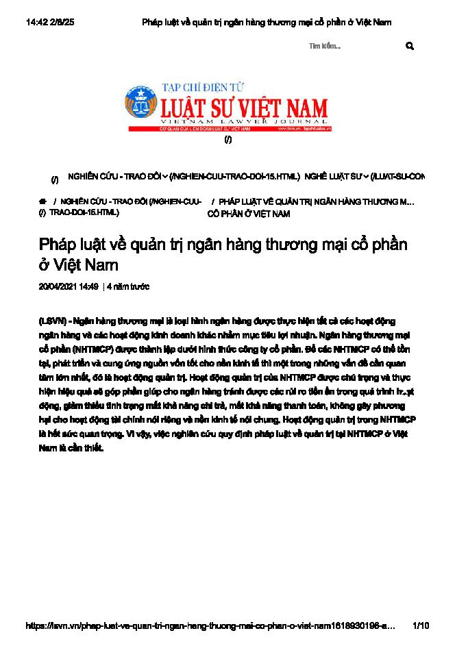 Pháp luật về quản trị ngân hàng thương mại cổ phần ở Việt Nam