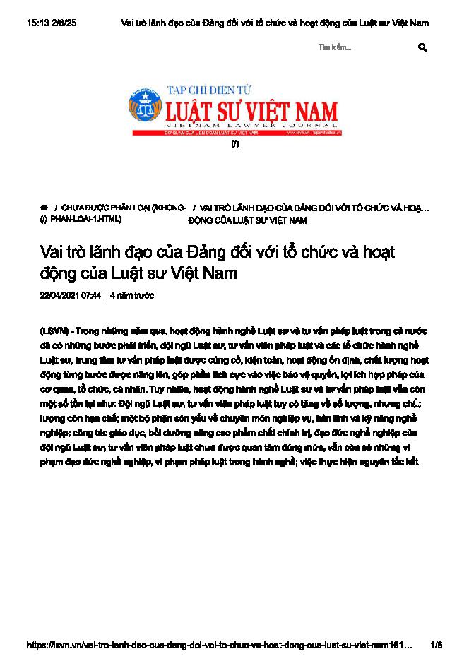 Vai trò lãnh đạo của Đảng đối với tổ chức và hoạt động của luật sư Việt Nam