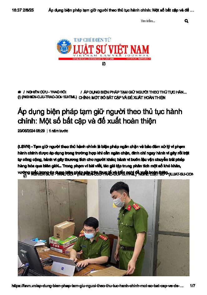 Áp dụng biện pháp tạm giữ người theo thủ tục hành chính - Một số bất cập và đề xuất hoàn thiện