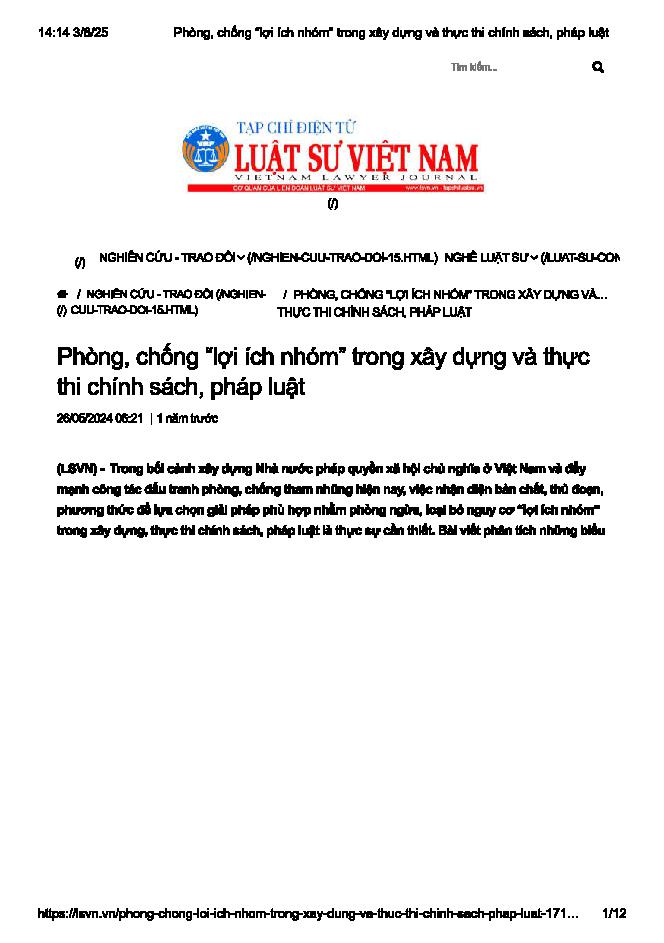 Phòng chống "lợi ích nhóm" trong xây dựng và thực thi chính sách, pháp luật
