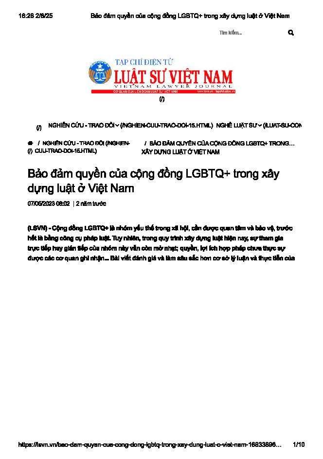 Bảo đảm quyền của cộng đồng LGBTQ+ trong xây dựng luật ở Việt Nam