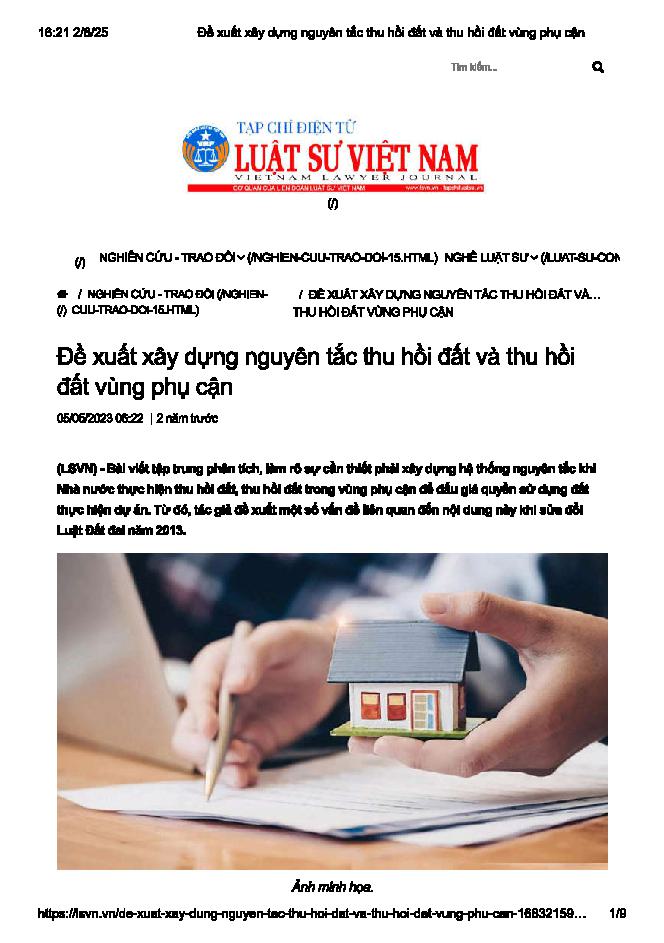 Đề xuất xây dựng nguyên tắc thu hồi đất và thu hồi đất vùng phụ cận