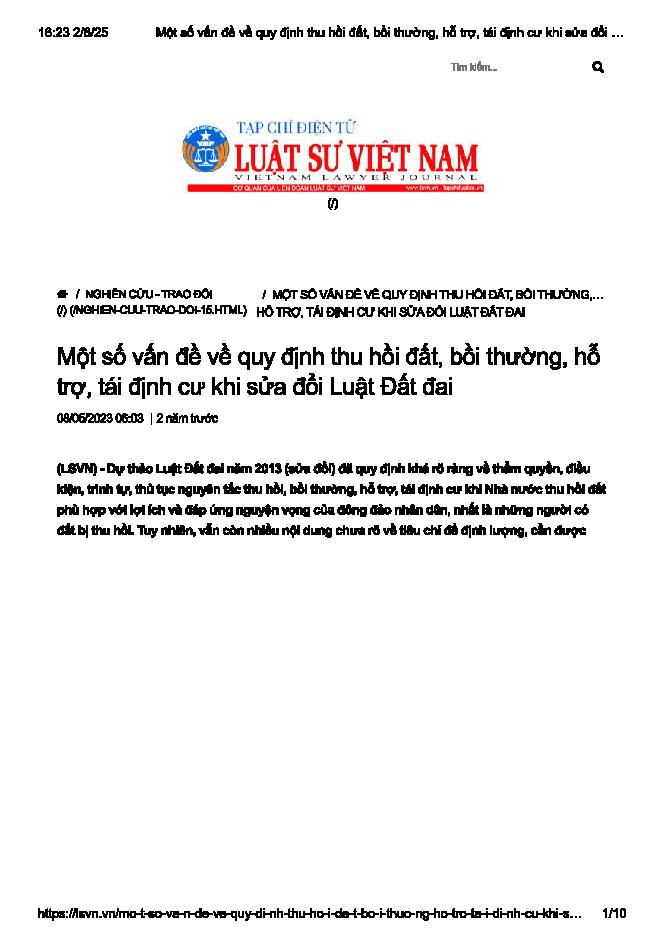 Một số vấn đề về quy định thu hồi đất, bồi thường hỗ trợ, tái định cư khi sửa đổi Luật Đất đai