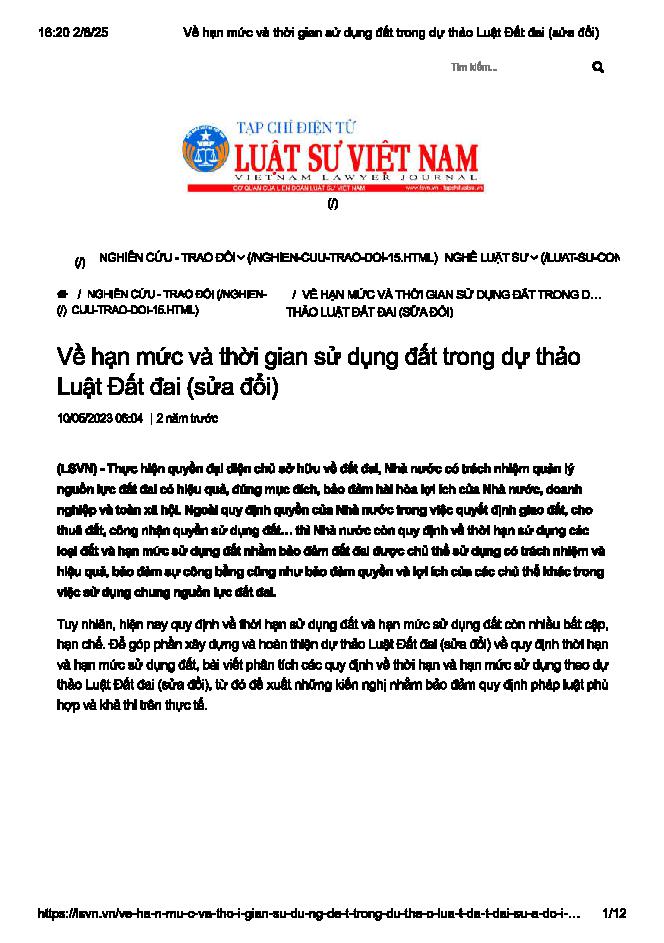 Về hạn mức và thời gian sử dụng đất trong dự thảo Luật Đất đai ( sửa đổi)