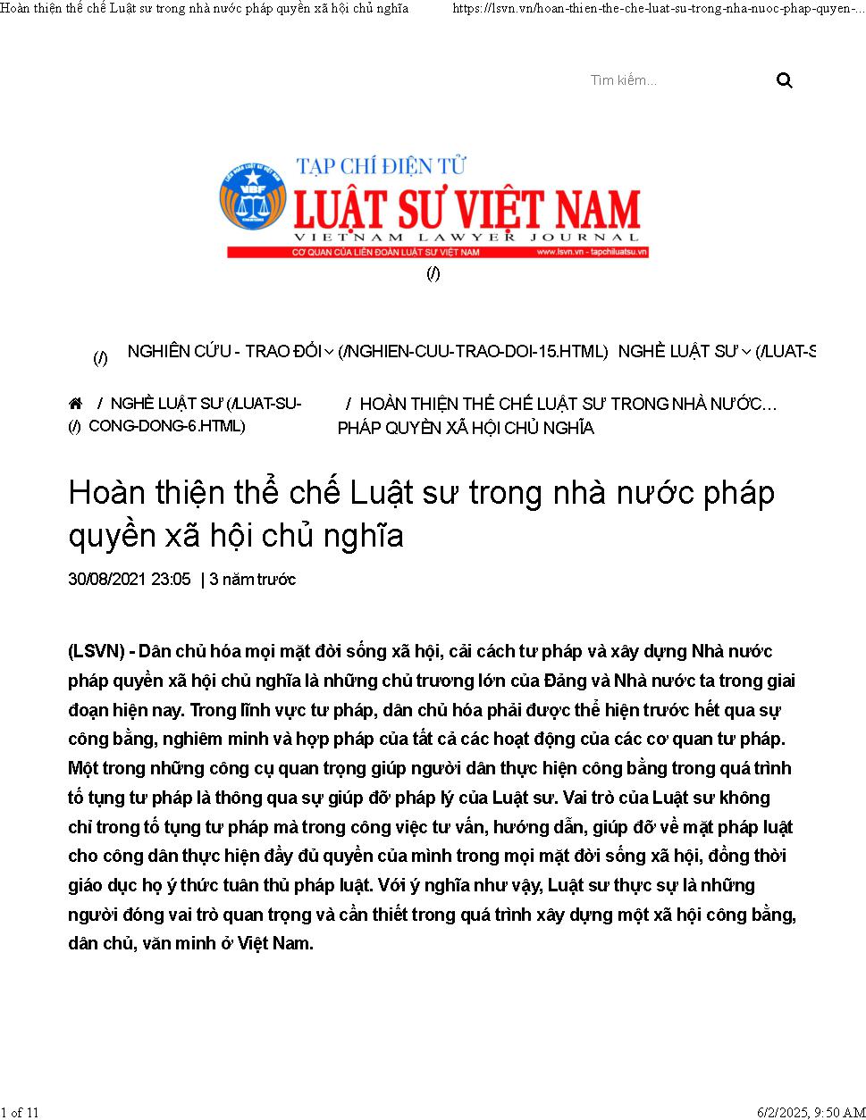 Hoàn thiện thể chế luật sư trong Nhà nước pháp quyền xã hội chủ nghĩa