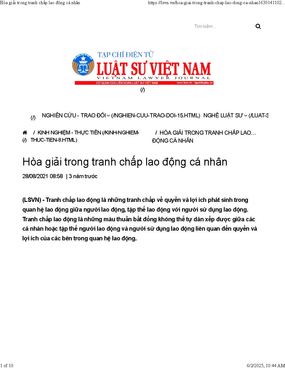 Hoà giải trong tranh chấp lao động cá nhân
