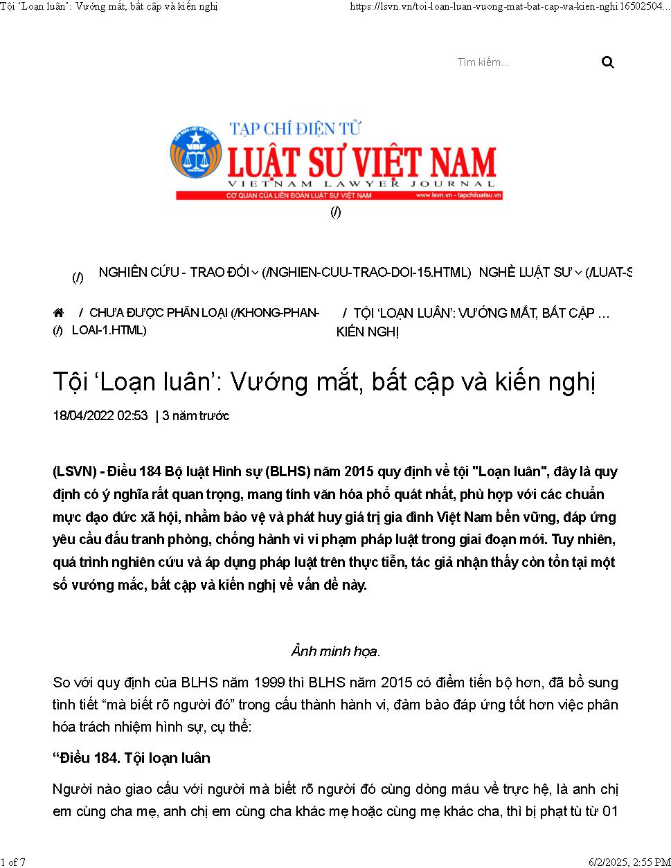 Một vài ý kiến về quy định của tội loạn luân