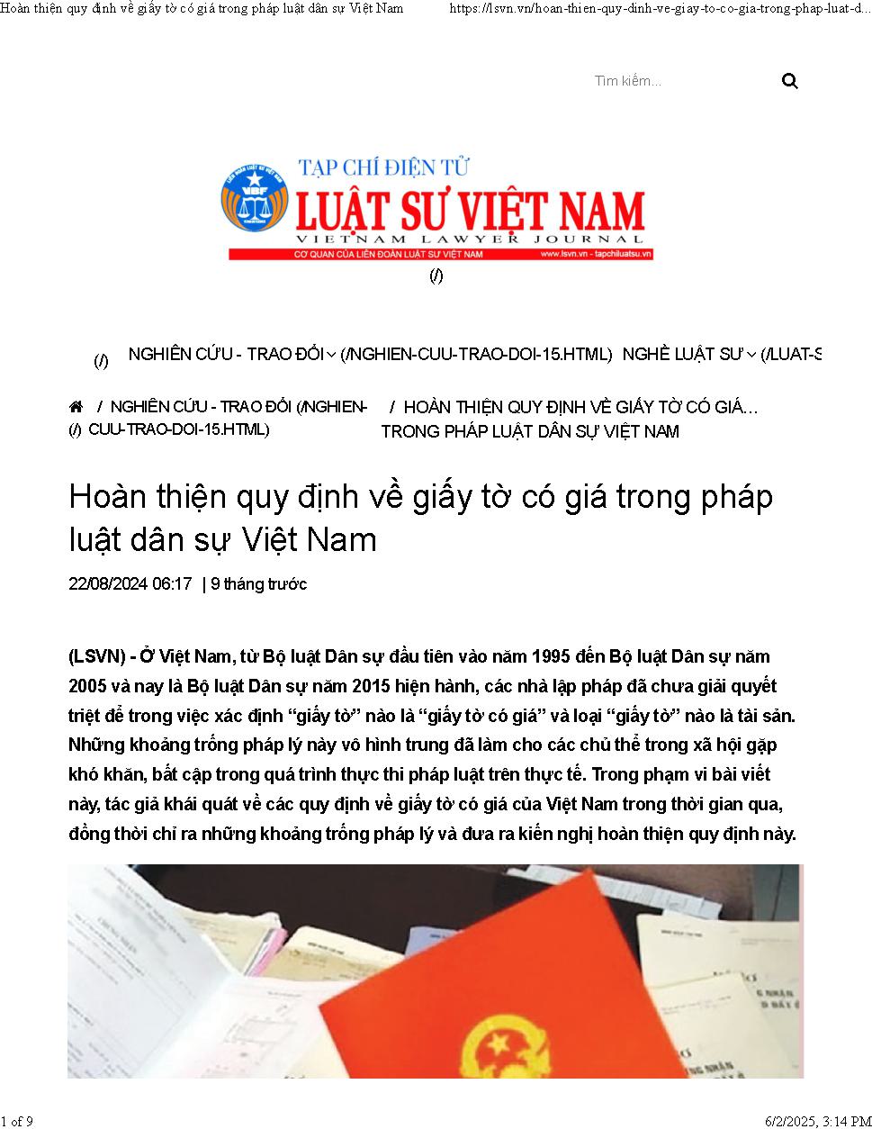 Hoàn thiện quy định về giấy tờ có giá trị trong pháp luật dân sự Việt Nam