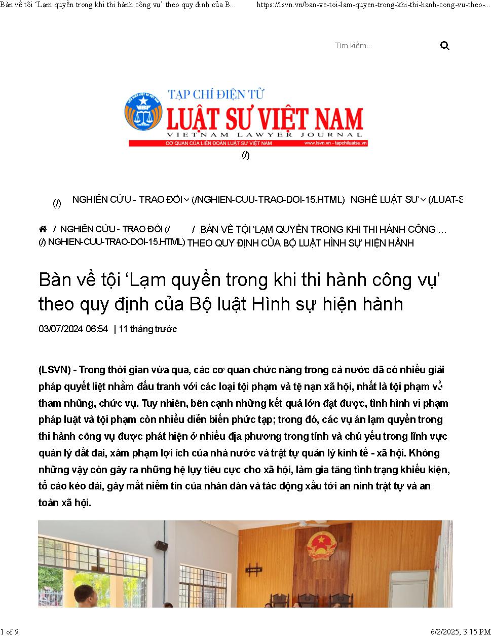 Một số vấn đề về tội lạm quyền trong khi thi hành công vụ