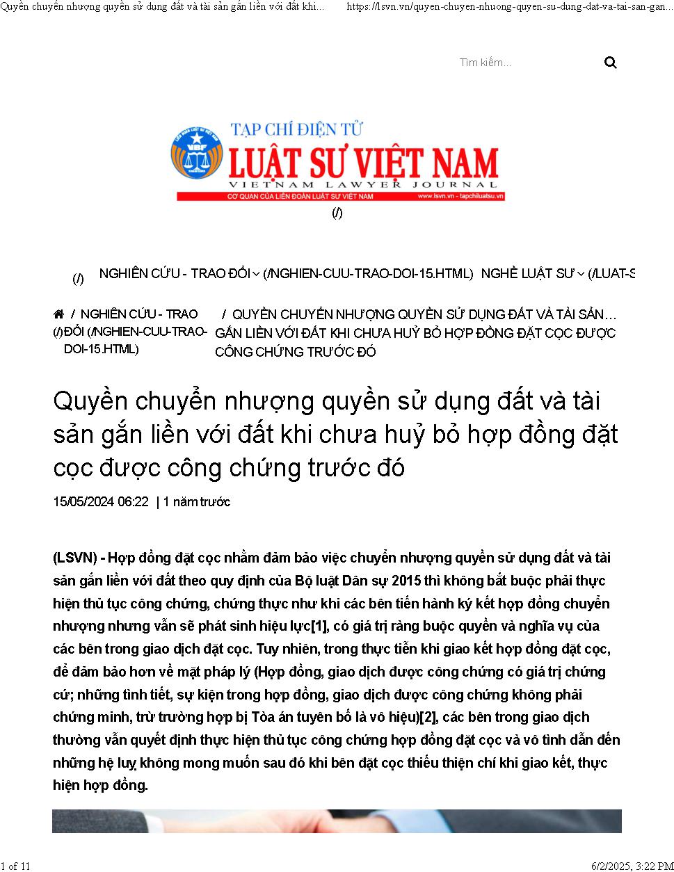 Về quyền chuyển nhượng quyền sử dụng đất khi chưa hủy bỏ hợp đồng đặt cọc đã được công chứng