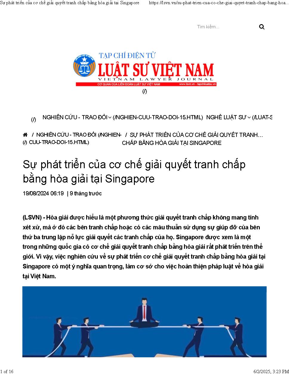 Sự phát triển của cơ chế giải quyết tranh chấp bằng hòa giải tại Singapore