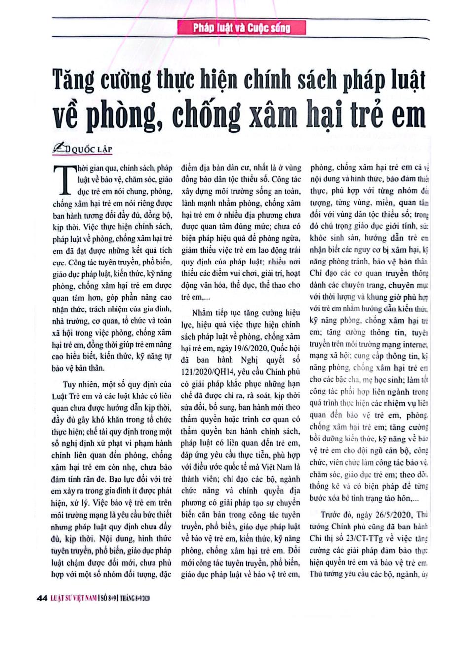 Tăng cường thực hiện chính sách pháp luật về phòng, chống xâm hại trẻ em