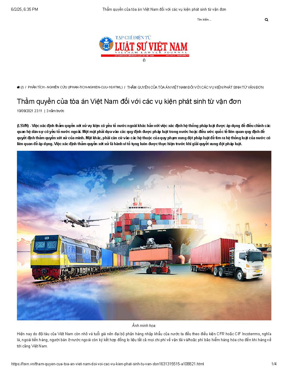 Thẩm quyền của Tòa án Việt Nam đối với các vụ kiện phát sinh từ vận đơn