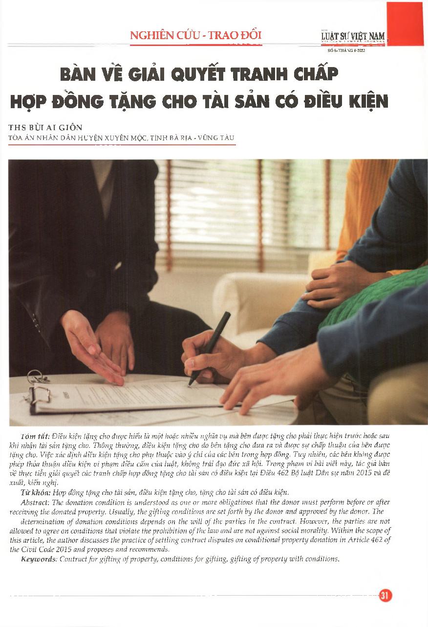 Giải quyết tranh chấp hợp đồng tặng cho tài sản có điều kiện
