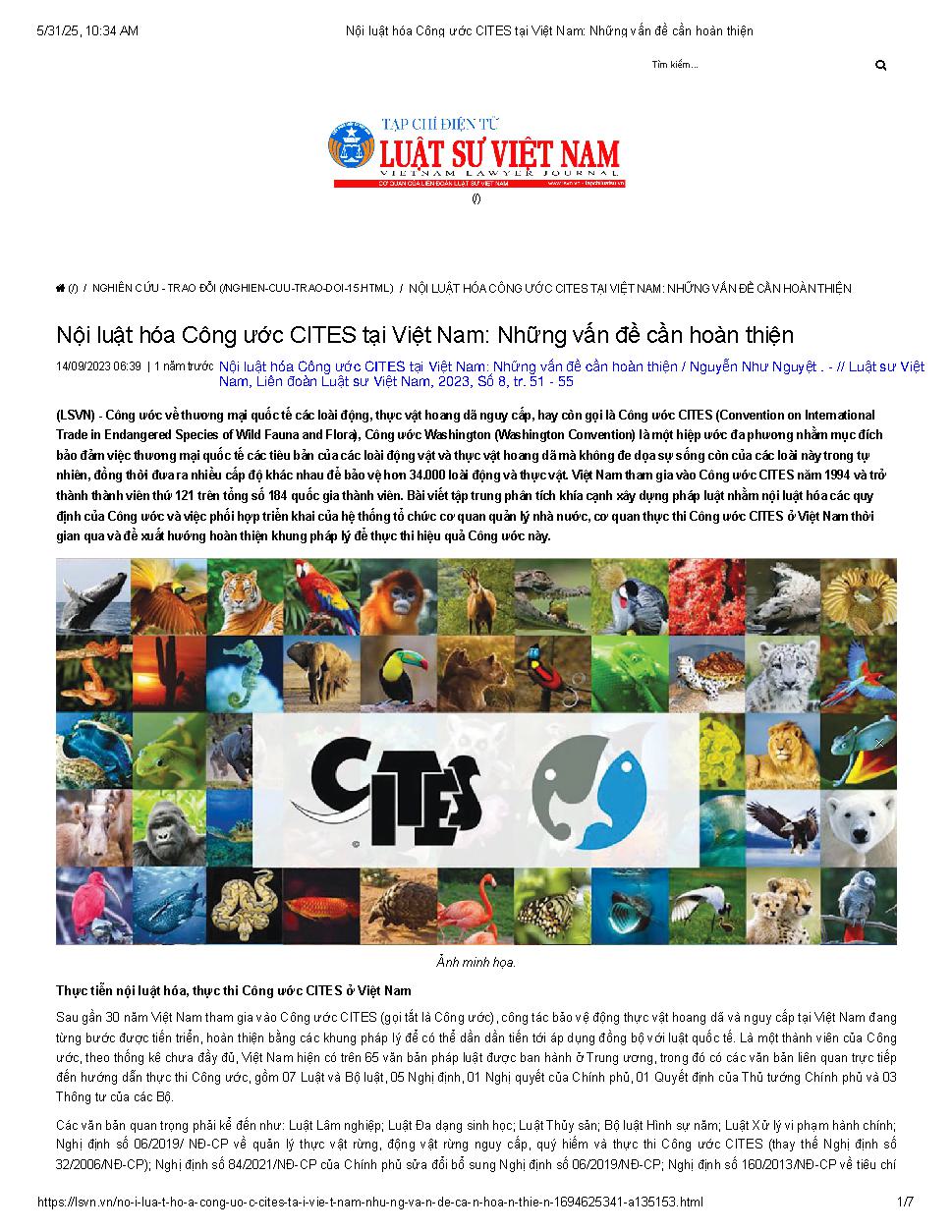 Nội luật hóa Công ước CITES tại Việt Nam: Những vấn đề cần hoàn thiện