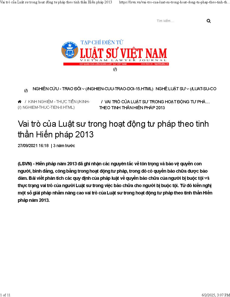 Vai trò của luật sư trong hoạt động tư pháp theo tinh thần Hiến pháp 2013