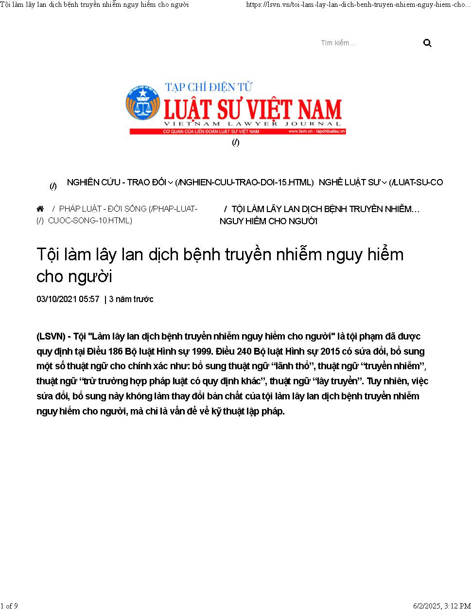 Tội làm lây lan dịch bệnh truyền nhiễm ngay hiểm cho người