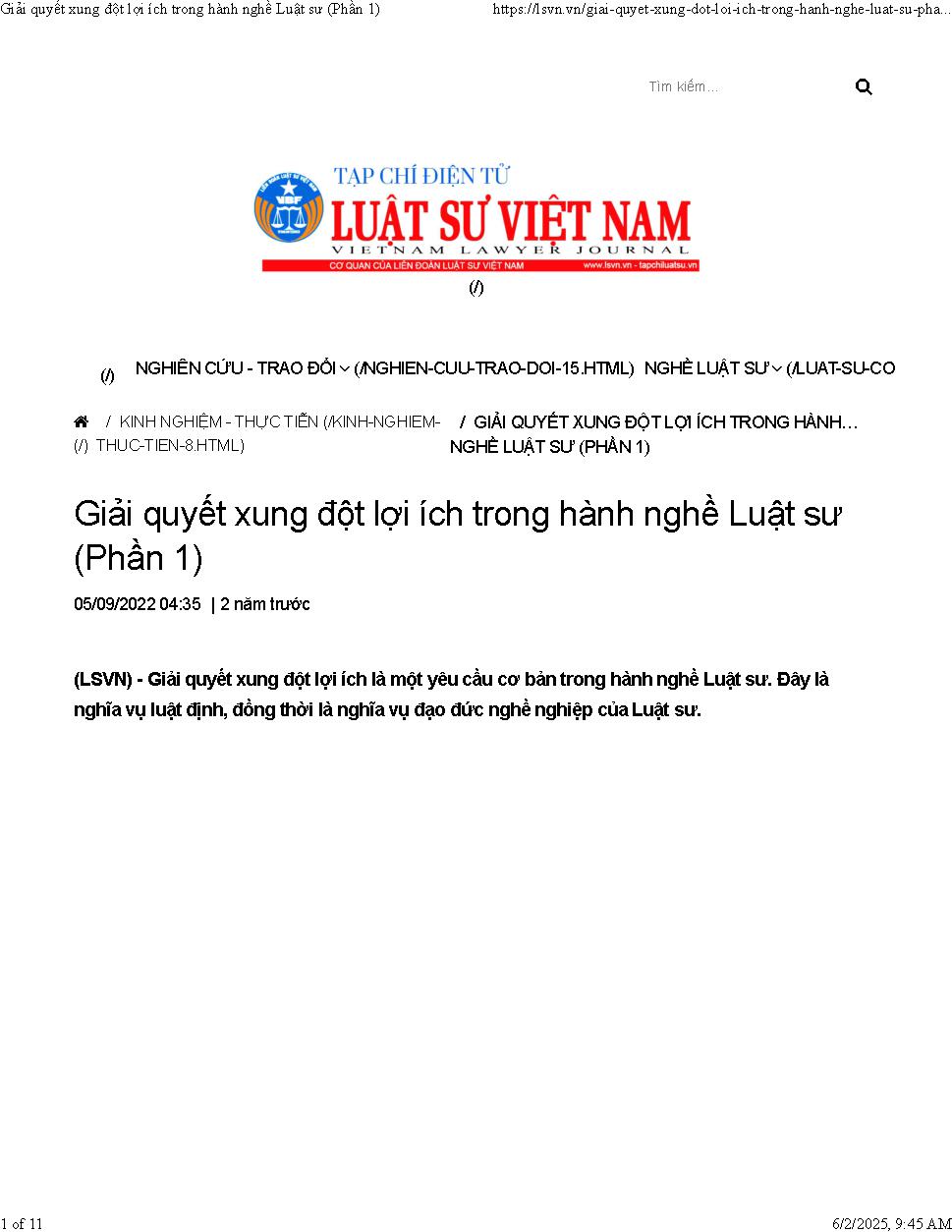 Giải quyết xung đột lợi ích trong hành nghề luật sư phần 1