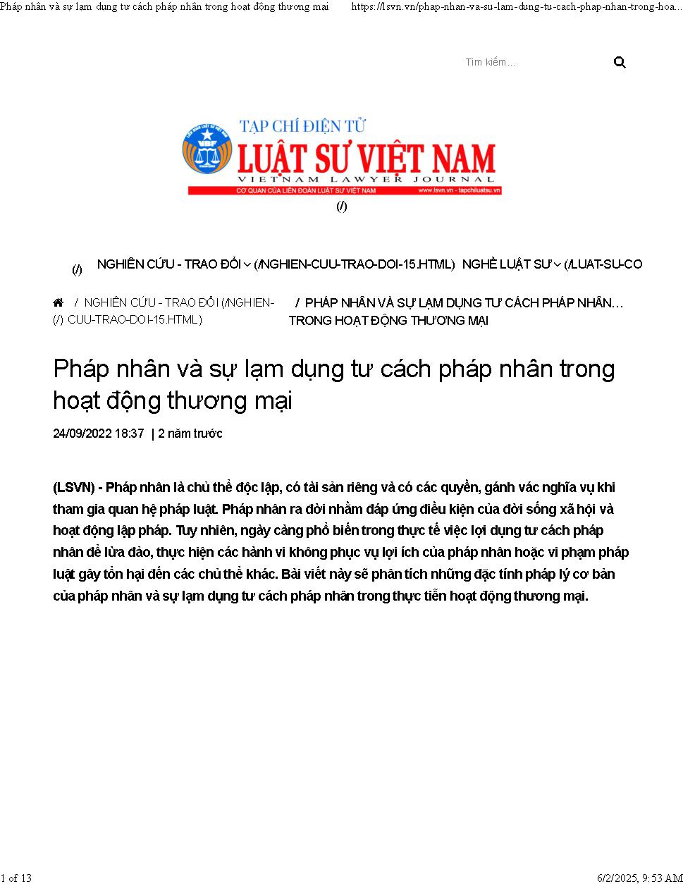 Pháp nhân và sự lạm dụng tư cách pháp nhân trong hoạt động thương mại