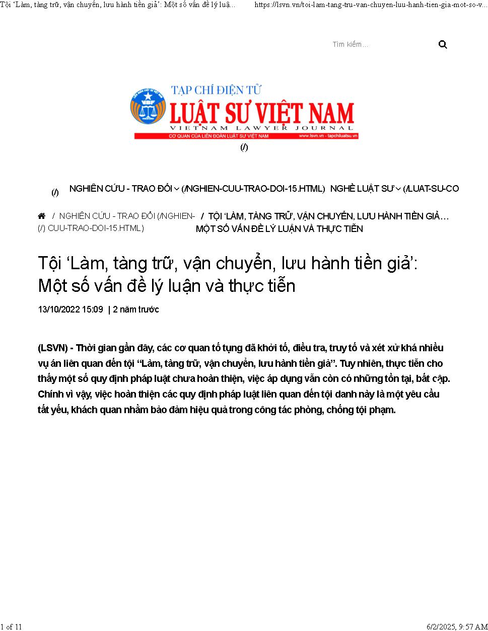 Tội làm, tàng trữ, vận chuyển, lưu hành tiền giả một số vấn đề lý luận và thực tiễn