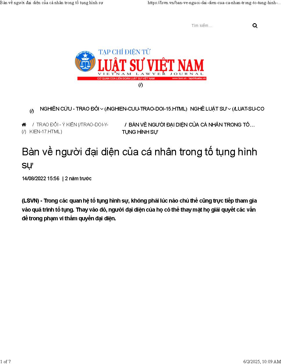 Về người đại diện của cá nhân trong tố tụng hình sự