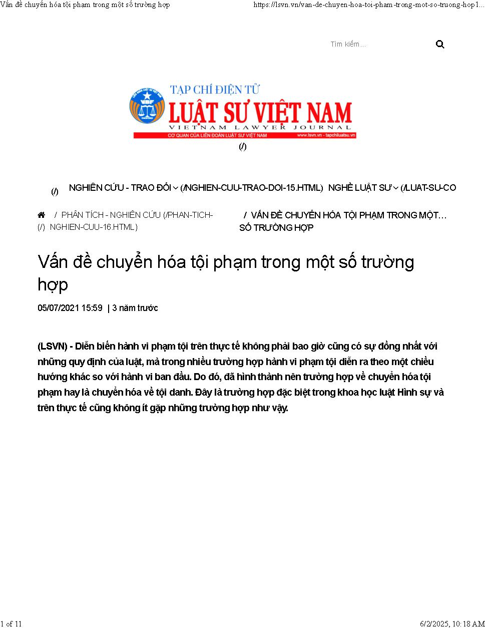 Chuyển hóa tội phạm trong một số trường hợp